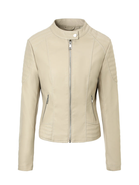 Damen Taillierte Kunstleder-Bikerjacke mit Stehkragen und Stepp-Details Nord Taschen