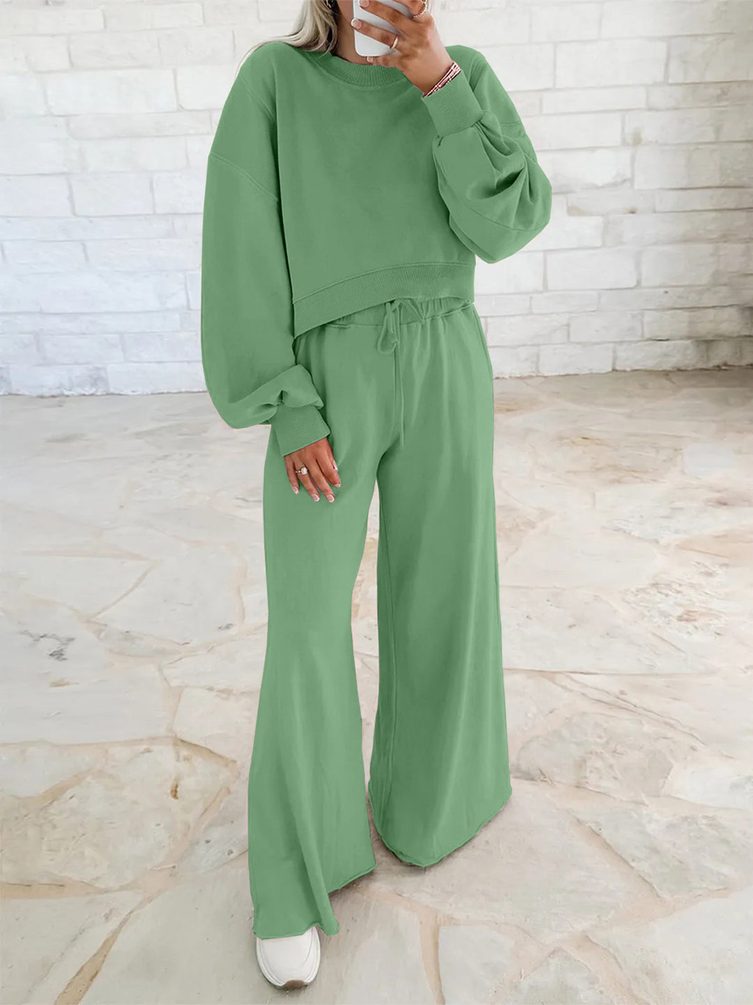 Damen Kurzpullover- und Palazzohose Lounge-Set mit Ballonärmeln Nord Taschen
