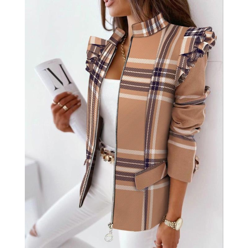 Damen Leoprint-Statement-Jacke mit Rüschen-Schulter und Reißverschluss Nord Taschen