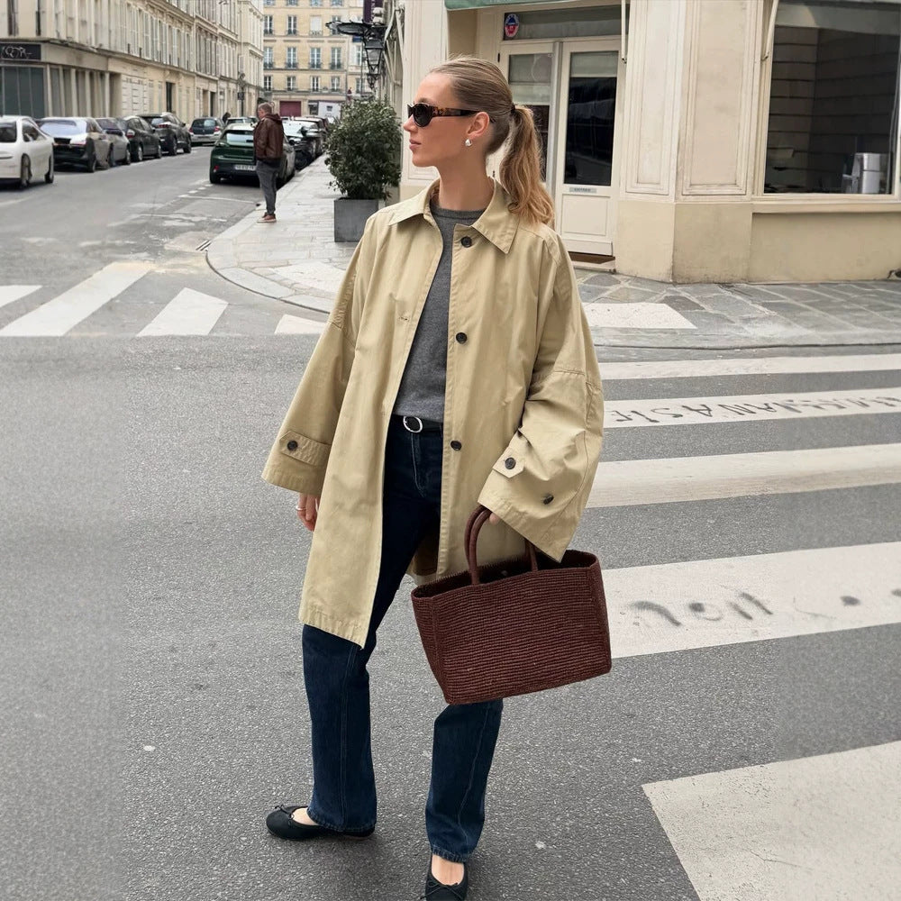 Damen Oversize Baumwoll-Mix Trenchcoat mit mittellangem, geradem Schnitt Nord Taschen