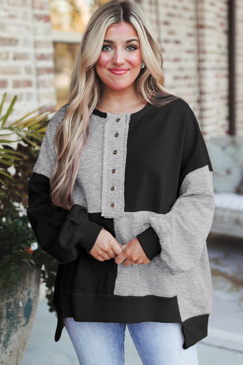 Damen Oversize-Longsleeve-Sweatshirt im Colorblock mit Henley-Knopfleiste und Ballonärmeln Nord Taschen