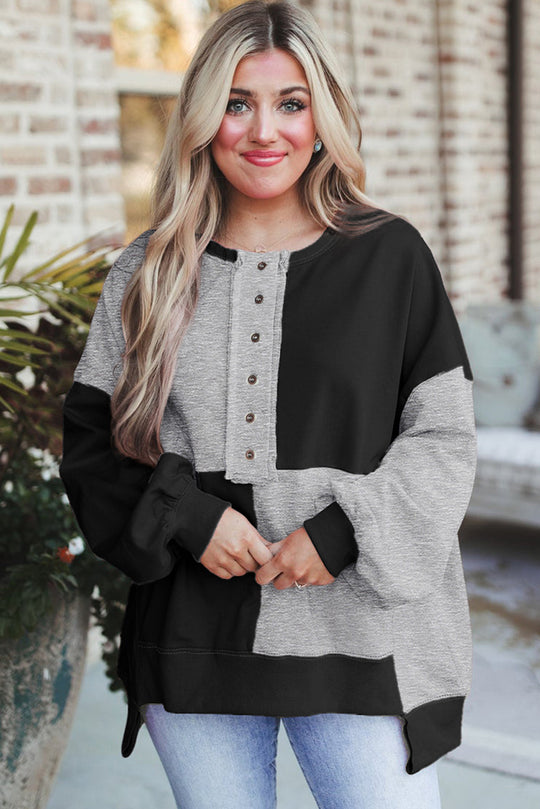 Damen Oversize-Longsleeve-Sweatshirt im Colorblock mit Henley-Knopfleiste und Ballonärmeln Nord Taschen