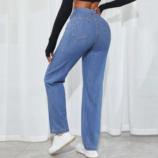 Damen hochtaillierte gerade geschnittene Jeanshose mit V-förmigem Bund und weitem Bein Nord Taschen
