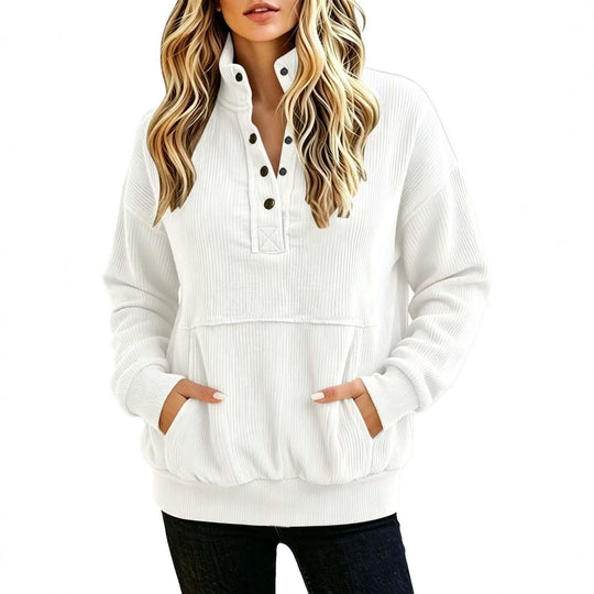 Damen gerippter Henley-Pullover mit Stehkragen und Kängurutasche Nord Taschen