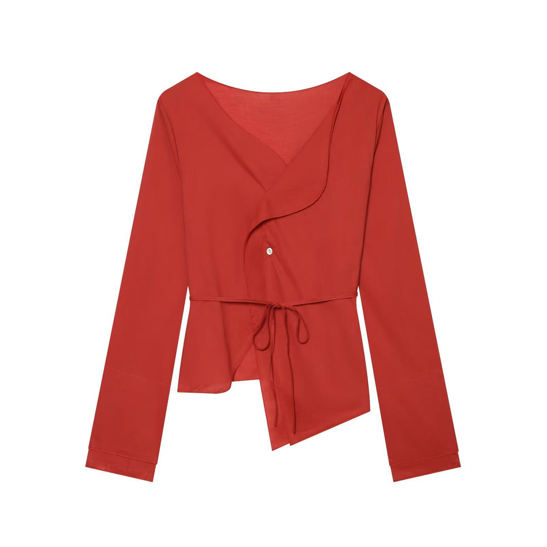 Damen Asymmetrische Wickelbluse mit Volantkante und Taillengürtel Nord Taschen