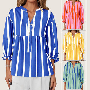 Damen oversize Bluse mit Streifenmuster und Knopfleiste
