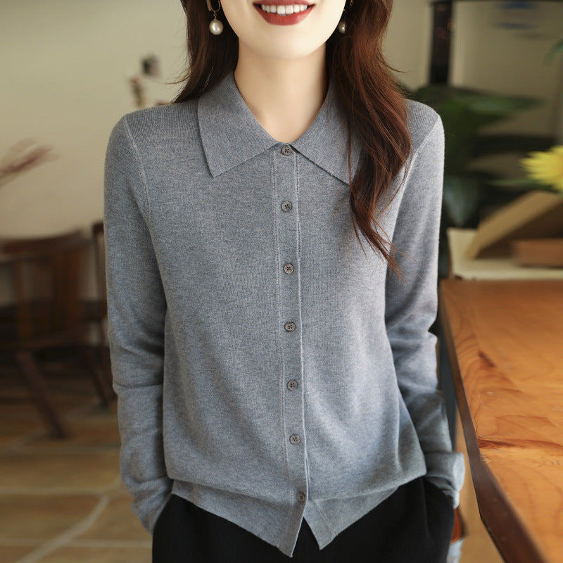 Damen Leichter Feinstrick-Cardigan mit Polokragen und durchgehender Knopfleiste Nord Taschen