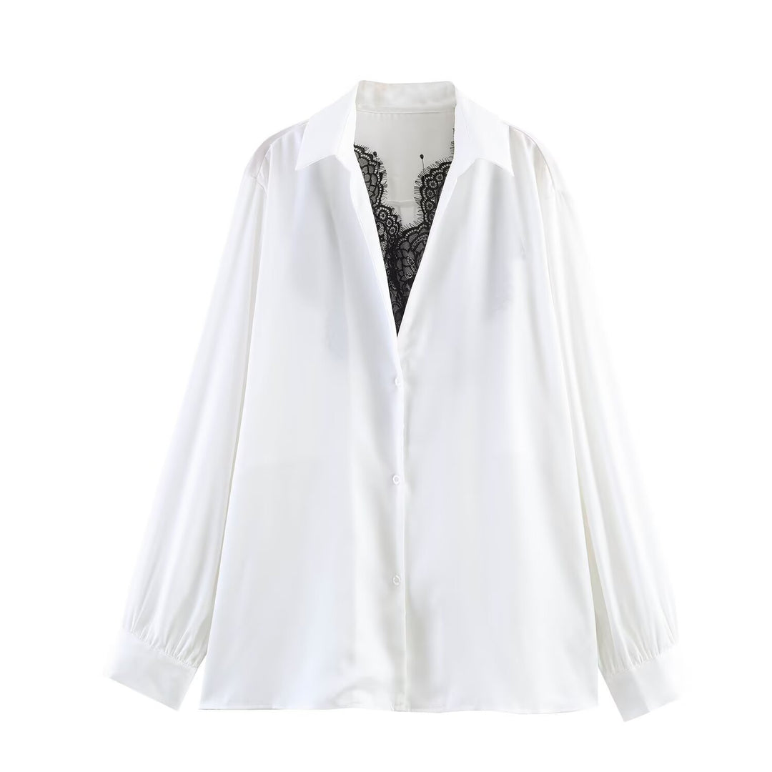 Damen Seidige Oversize-Bluse mit Spitzeneinsatz und Hemdkragen Nord Taschen