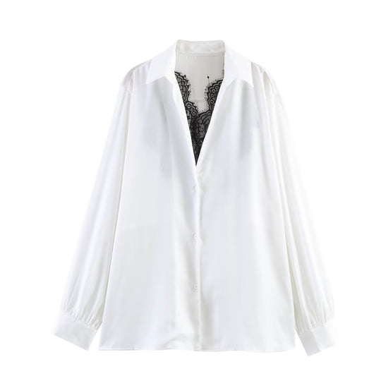 Damen Seidige Oversize-Bluse mit Spitzeneinsatz und Hemdkragen Nord Taschen