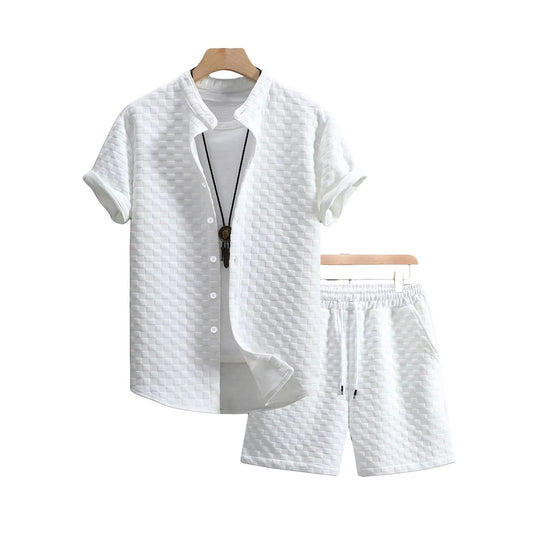 Herren nan zweiteiliges Sommerensemble mit Stehkragen-Hemdjacke und elastischen Komfort-Shorts in geprägter Karo-Textur - Arvani