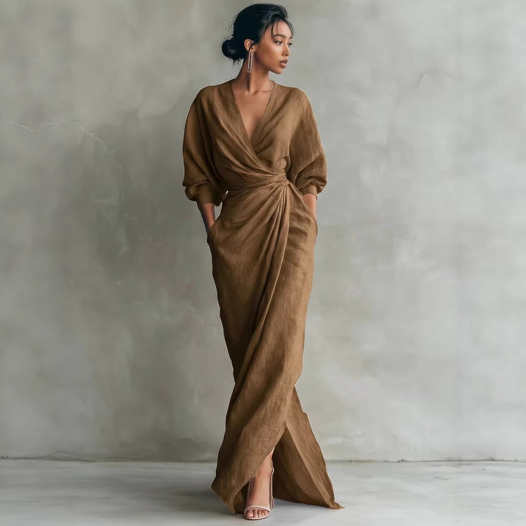 Damen Wickel-Maxikleid aus Leinenmix mit tiefem V-Ausschnitt und Ballonärmeln Nord Taschen