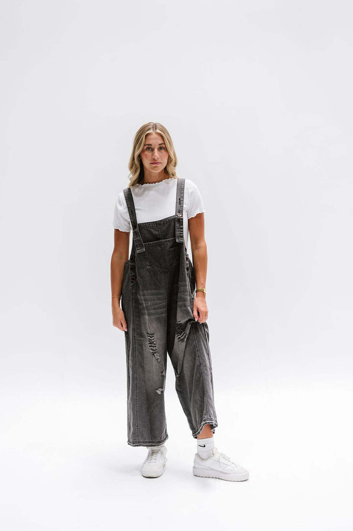 Damen lässige verwaschene Latzhose aus Jeansstoff mit Rissen und weitem Bein Nord Taschen