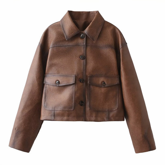 Damen Kurze Oversize-Lederimitatjacke mit Hemdkragen und aufgesetzten Pattentaschen Nord Taschen