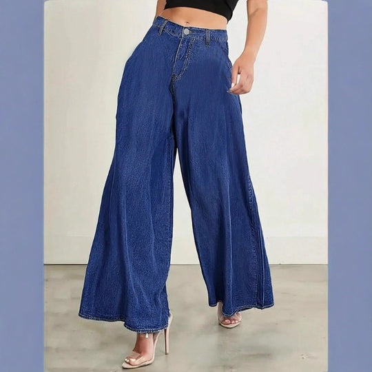 Damen Extraweite High‑Waist Denim‑Palazzohose mit fließendem Tellerfall Nord Taschen