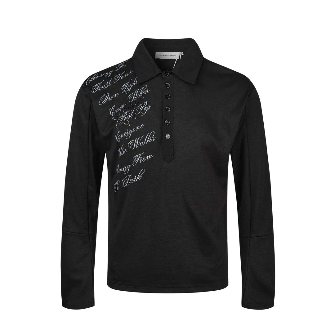 Damen Poloshirt-Langarmshirt mit Hemdkragen, Schriftprint und Strass-Applikation Nord Taschen
