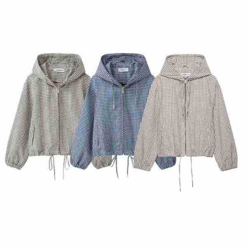 Damen Kariertes Cropped Kapuzenjacke mit Tunnelzug und Reißverschluss Nord Taschen