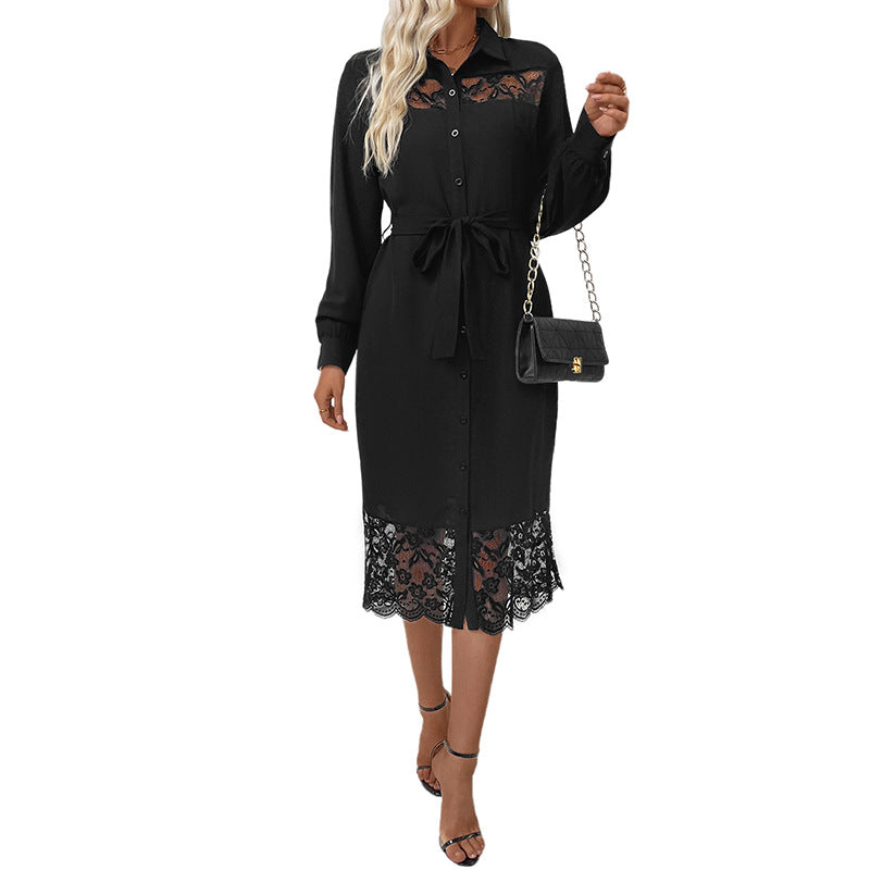 Damen Hemdblusenkleid mit Taillengürtel und Spitzeneinsätzen Nord Taschen