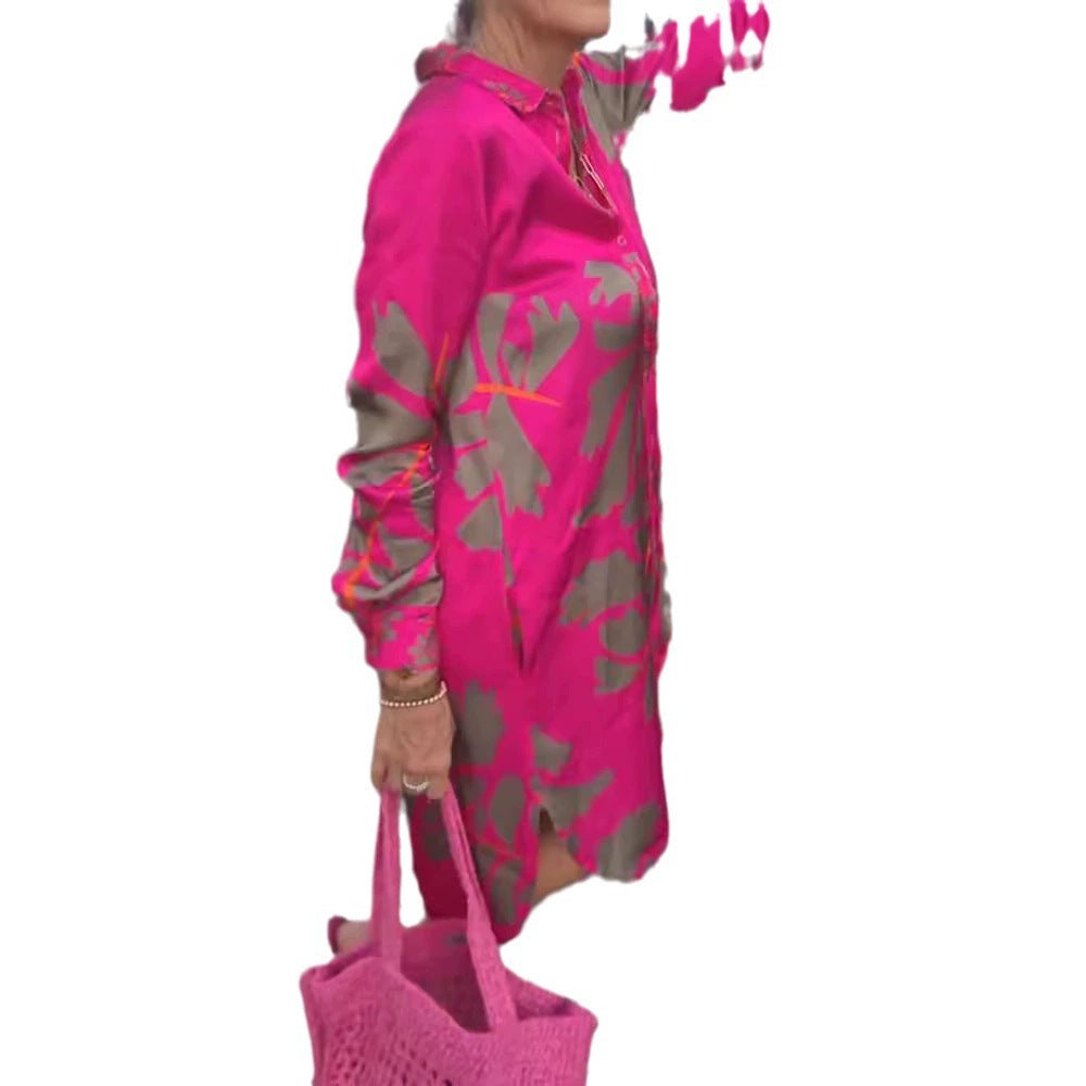 Damen nan kurzes Tunika-Hemdkleid in Satinoptik mit großflächigem Blattprint, Hemdkragen und lockerer A-Linie Nord Taschen