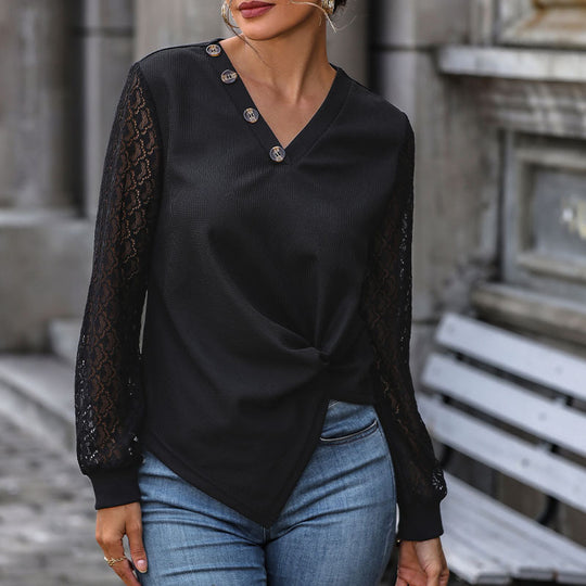 Damen Tailliertes Langarmshirt mit Spitzenärmeln, V‑Ausschnitt und Knotenfront Nord Taschen