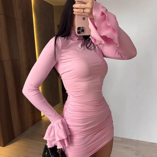 Damen Eng anliegendes Minikleid mit Rüschen-Volantärmeln und geraffter Wickeloptik Nord Taschen