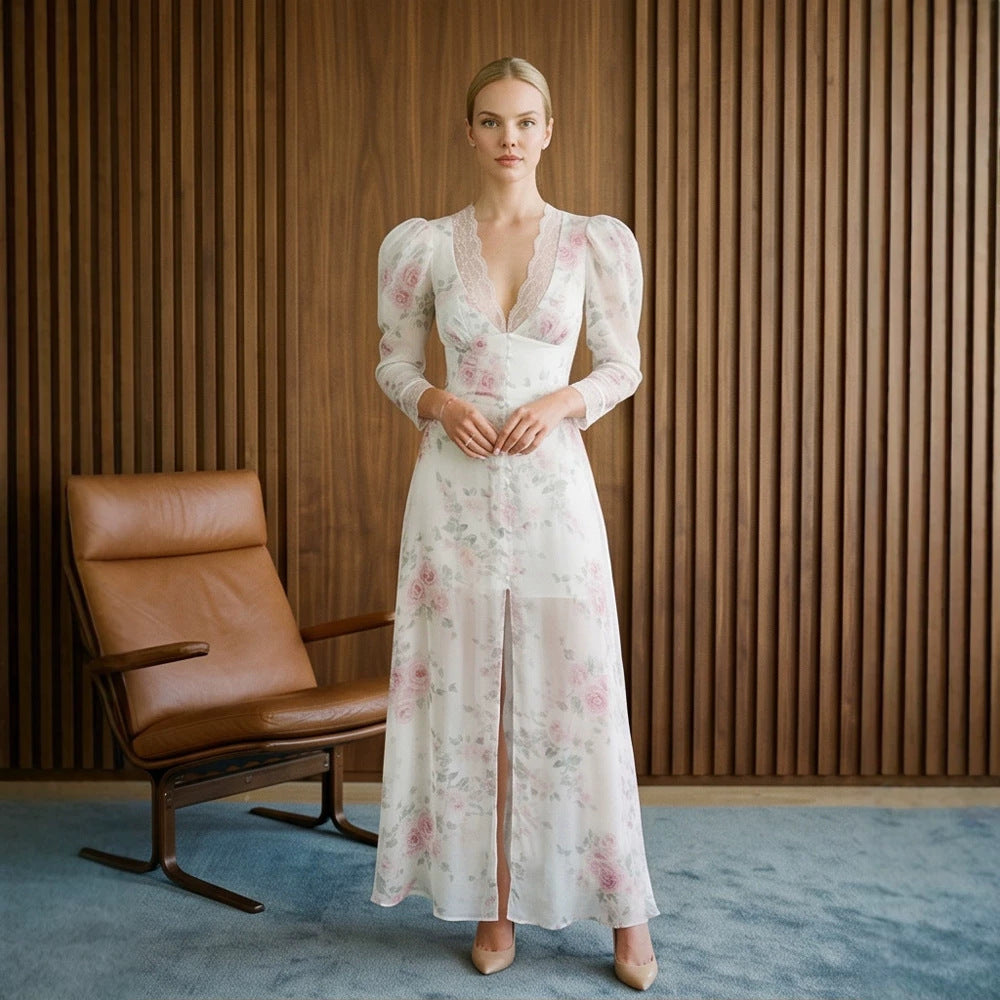 Damen Romantisches Chiffon-Maxikleid mit Spitzen‑V‑Ausschnitt, Puffärmeln und vorderem Schlitz Nord Taschen