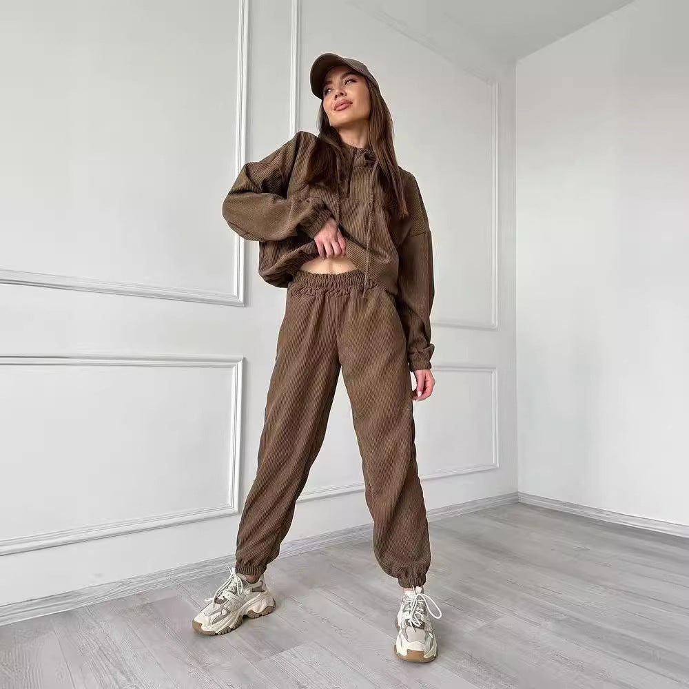 Damen Cordstoff Loungewear-Set mit Kapuzenpullover und Jogginghose Nord Taschen