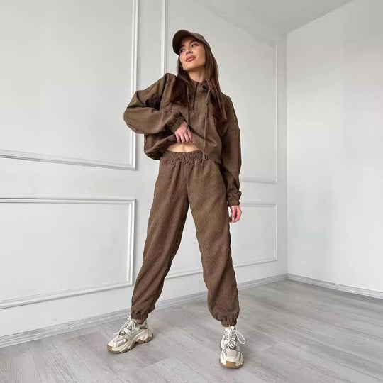 Damen Cordstoff Loungewear-Set mit Kapuzenpullover und Jogginghose Nord Taschen