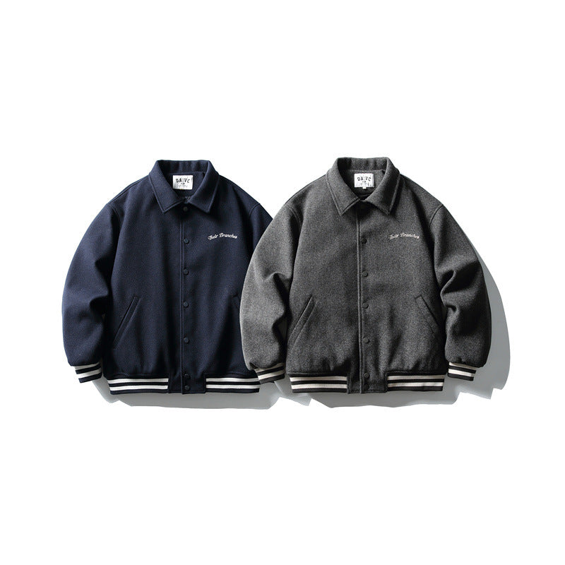 Herren Boxy College‑Blousonjacke aus Wollmix mit Druckknopfverschluss und gestreiften Rippbündchen Nord Taschen
