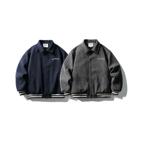 Herren Boxy College‑Blousonjacke aus Wollmix mit Druckknopfverschluss und gestreiften Rippbündchen Nord Taschen