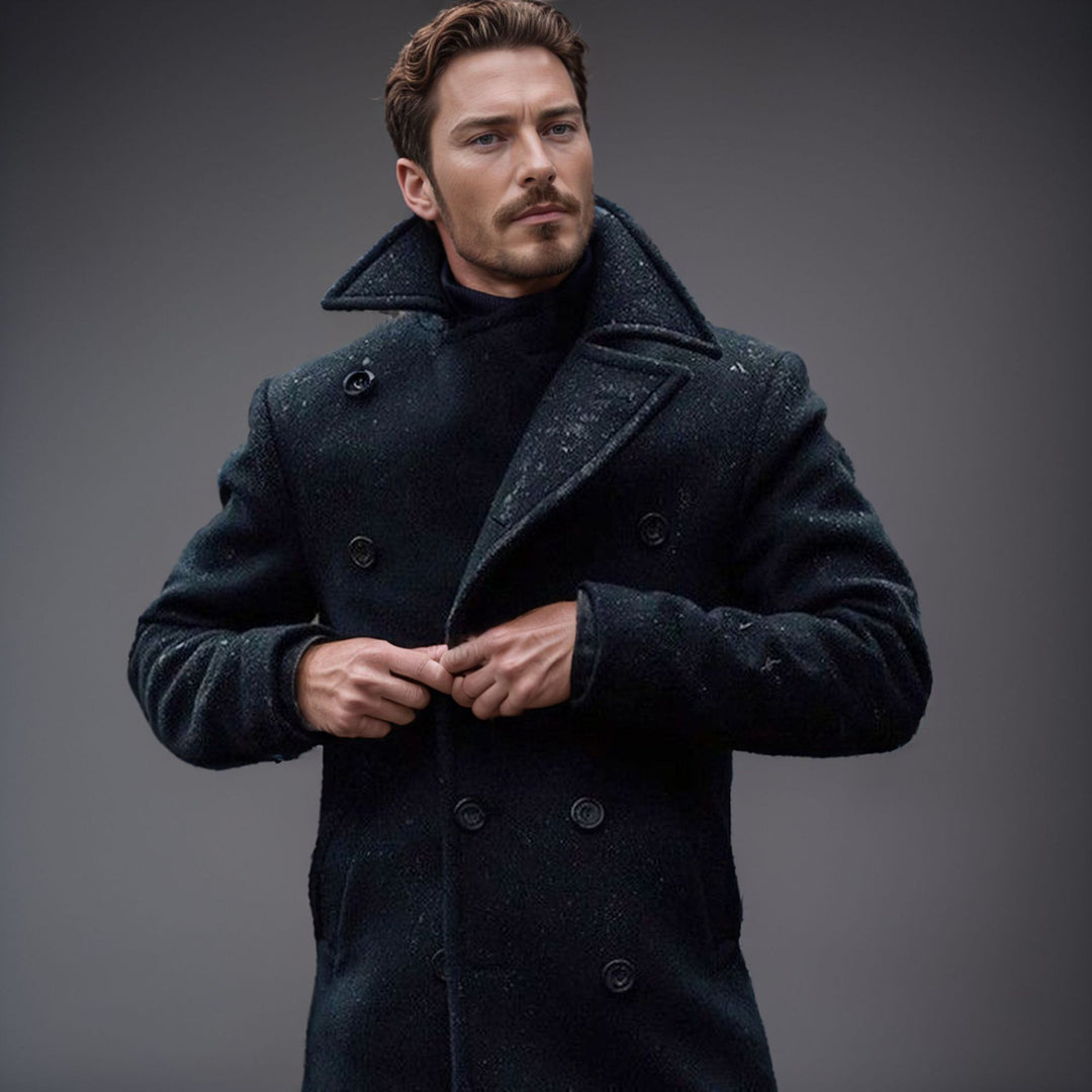 Herren Doppelreihiger Wollmantel mit hohem Stehkragen und taillierter Silhouette Nord Taschen