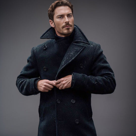 Herren Doppelreihiger Wollmantel mit hohem Stehkragen und taillierter Silhouette Nord Taschen