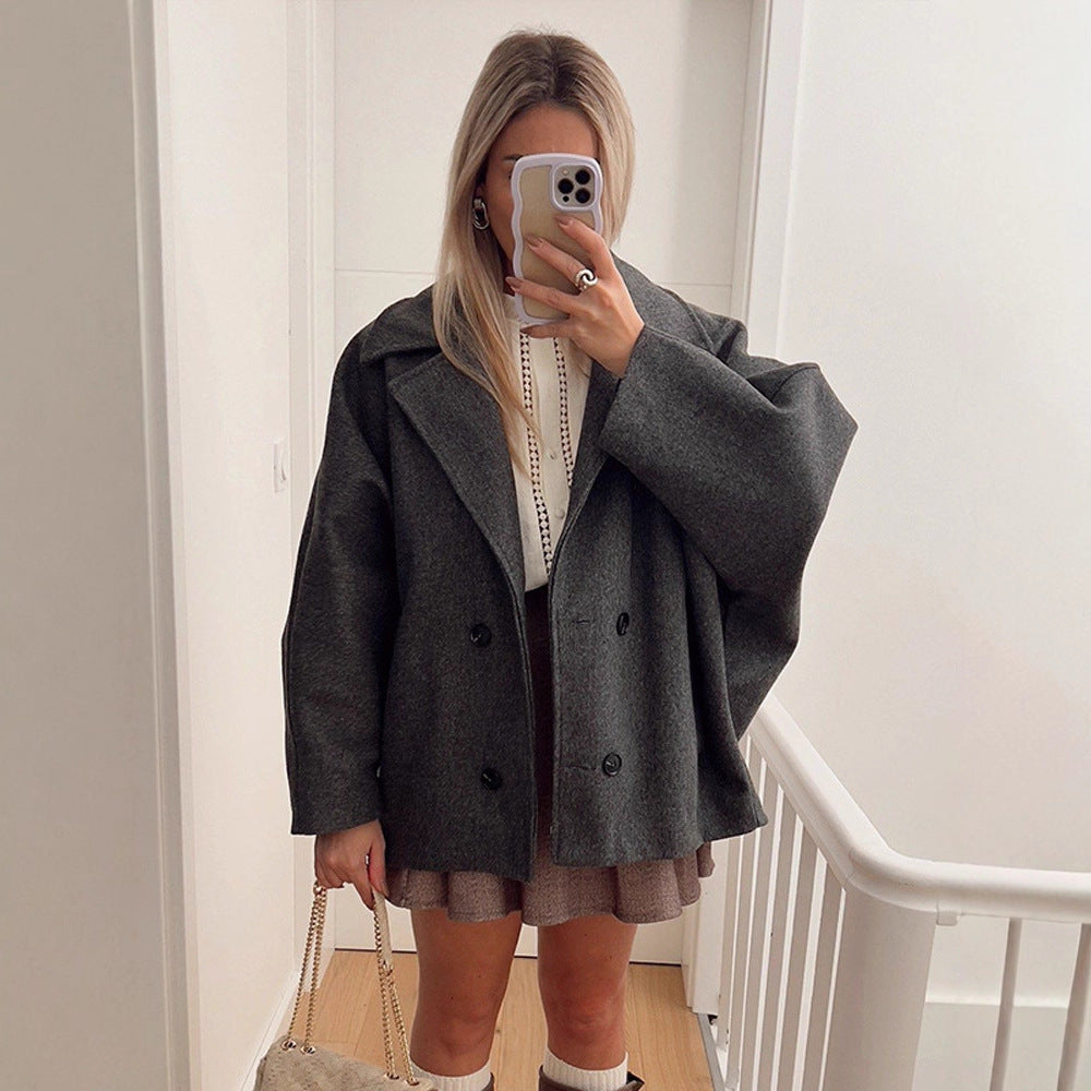 Damen Boxy-Wollmix-Cocoon-Jacke mit doppelreihiger Knopfleiste und weitem Revers Nord Taschen