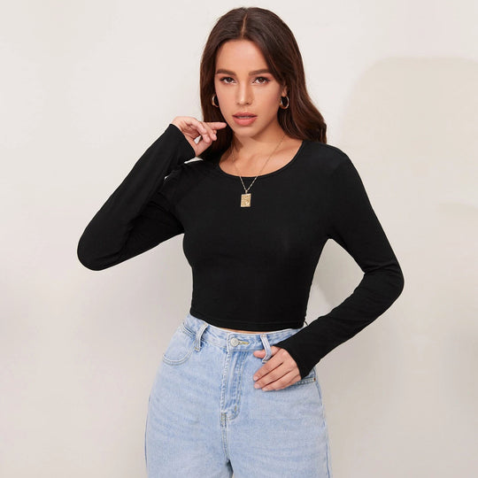 Damen figurbetontes Cropped-Longsleeve mit Sculpting-Passform und Rundhalsausschnitt Nord Taschen