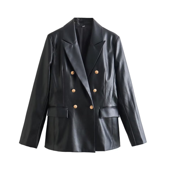 Damen Doppelreihiger Kunstleder-Blazer mit goldfarbenen Zierknöpfen und Pattentaschen Nord Taschen