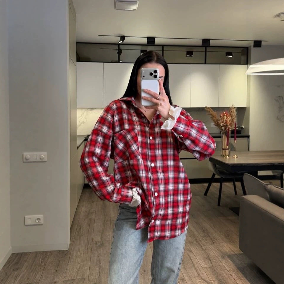 Damen Kariertes Flanell-Overshirt mit Hemdblusenkragen, Relaxed-Fit und aufgesetzter Brusttasche Nord Taschen