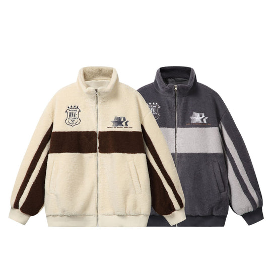 Unisex Sherpa‑Fleecejacke im Boxy‑Cut mit Stehkragen, Blockstreifen und Stickdetails Nord Taschen