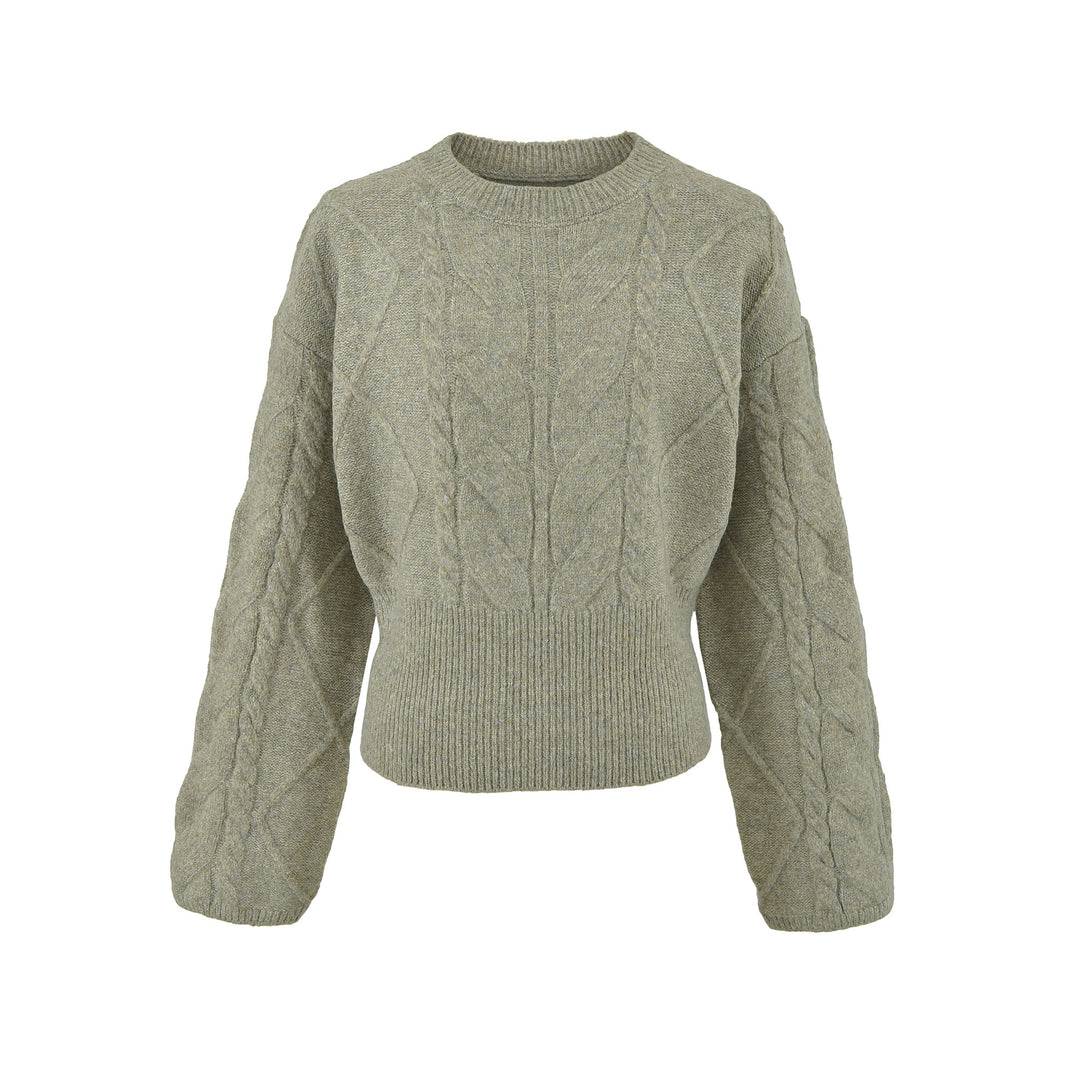 Damen Kurzer Zopfmuster-Strickpullover mit tailliertem Rippbündchen Nord Taschen