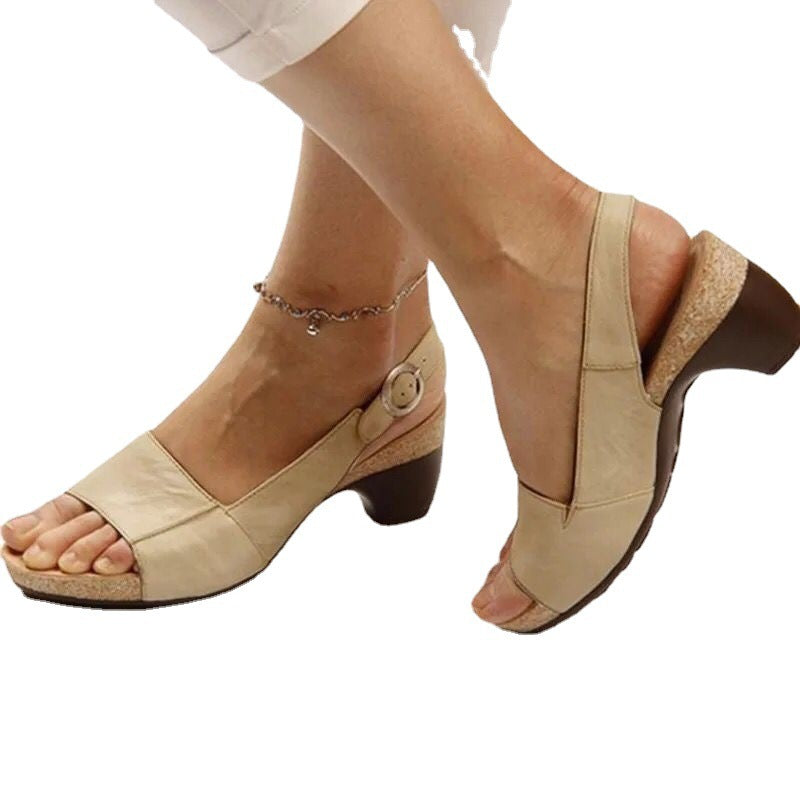 Damen nan Sandalette mit elastischem Fersenriemen ergonomischem Kork-Komfortfußbett und niedrigem geschwungenem Absatz