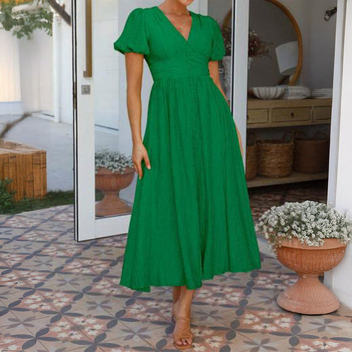 Damen Maxikleid mit V-Ausschnitt und luftigen Puffärmeln