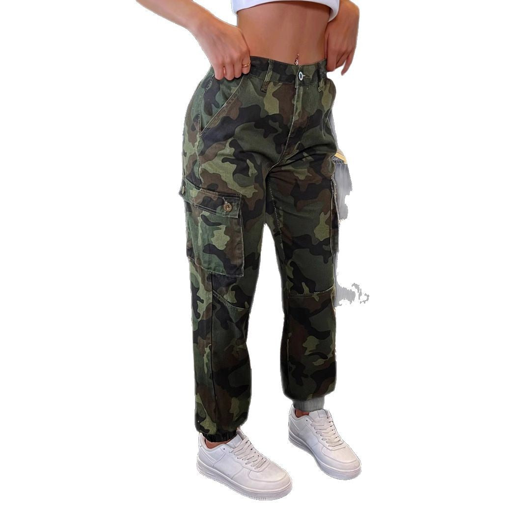 Damen Cargo-Hose mit Camouflage‑Muster, hoher Taille und elastischen Bündchen Nord Taschen