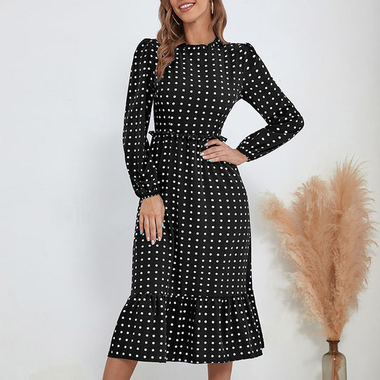 Damen Midikleid im Retro-Polka-Dot-Stil mit Stehkragen, taillierter Raffung und Volant Nord Taschen