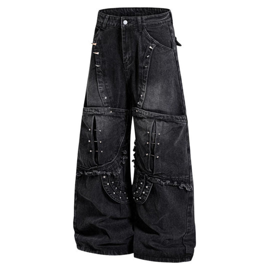 Damen Weite High‑Waist Denim‑Cargo‑Culotte mit Nieten und großen Pattentaschen Nord Taschen