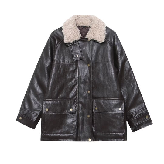 Damen Oversized Kunstleder-Fieldjacke mit abnehmbarem Teddykragen und aufgesetzten Pattentaschen Nord Taschen
