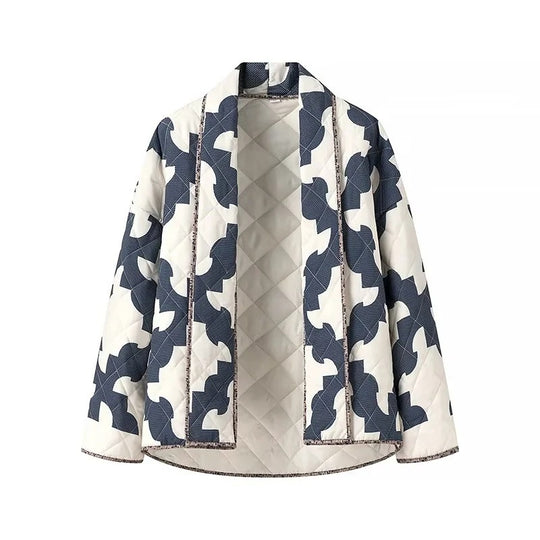Damen Gequiltete Oversize-Jacke mit Patchworkmuster und weiter Kimono-Ärmel Nord Taschen