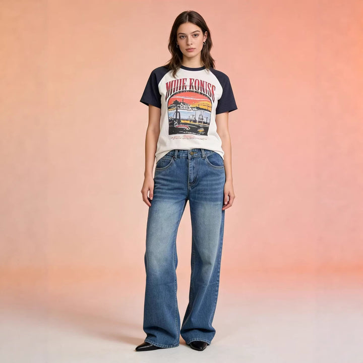 Damen hochgeschnittene Weitbein-Jeans mit tonaler Seitennaht und verwaschenem Verlauf Nord Taschen
