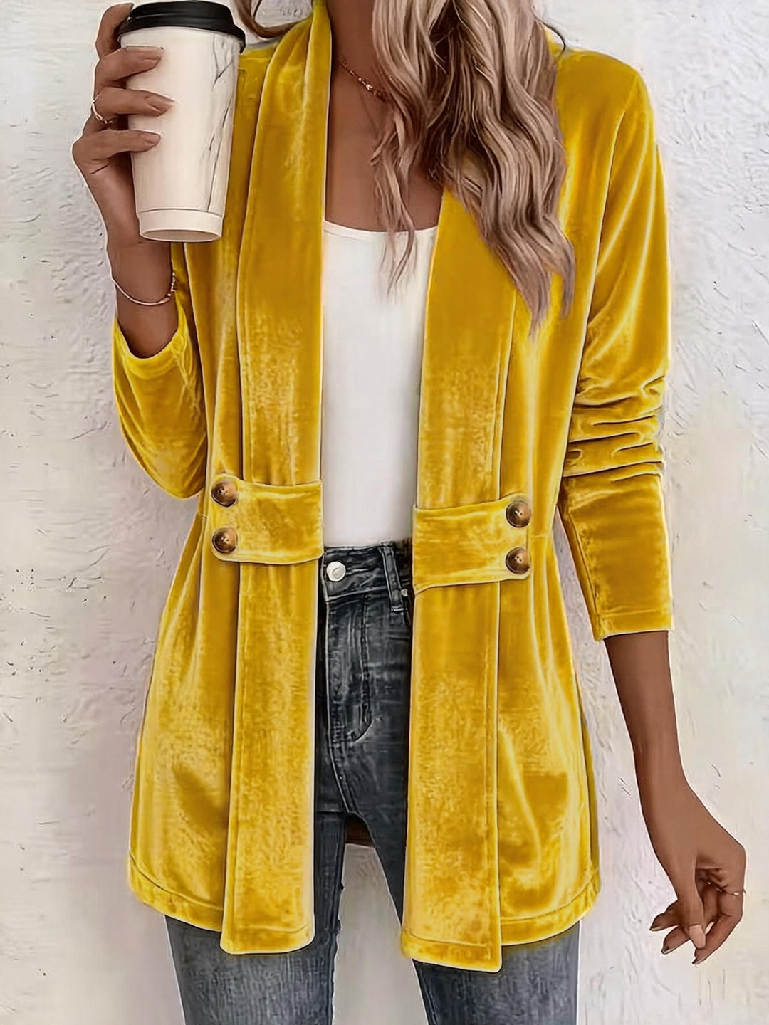 Damen Samt-Longblazer mit Schalkragen und Zierknopfleiste Nord Taschen