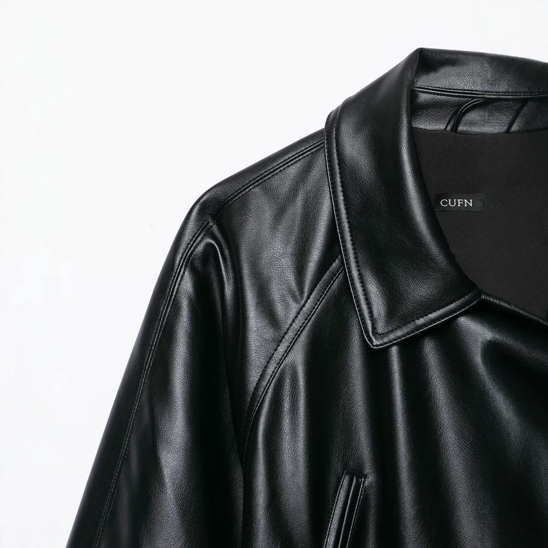 Damen Taillierter Kunstleder-Blazer mit Bindegürtel und Schalkragen Nord Taschen