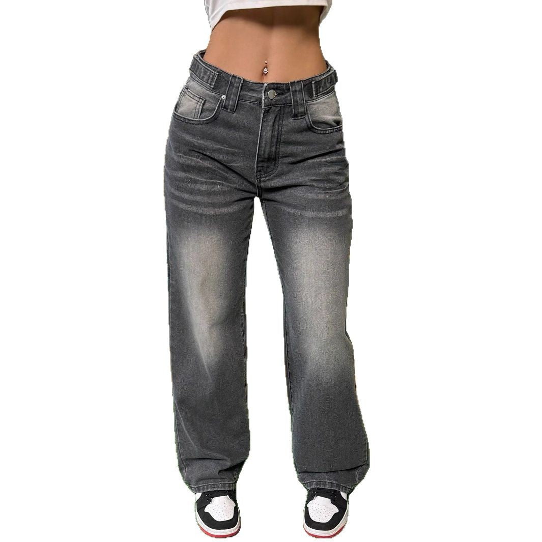 Damen Hochtaillierte lässige Wide-Leg Denimhose mit Vintage-Waschung und extra Länge Nord Taschen