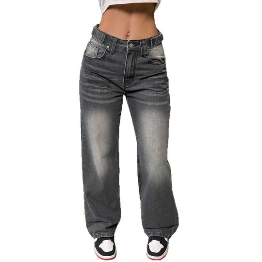 Damen Hochtaillierte lässige Wide-Leg Denimhose mit Vintage-Waschung und extra Länge Nord Taschen