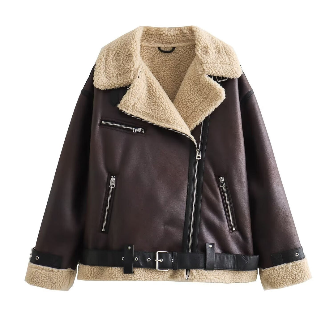 Damen Fliegerjacke im Bikerstil mit Teddyfutter, Kunstlederbesatz und Taillengürtel Nord Taschen